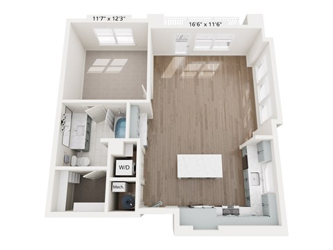 A floor plan of a small apartment with a kitchen, living room, and bathroom.